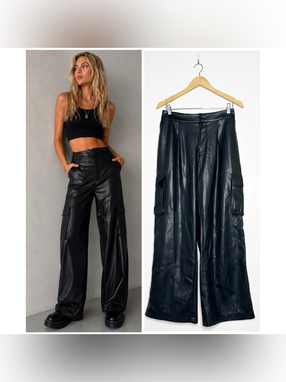 Urban Outfitters Black Faux Leather Wide Leg Cargo Pants Size Small